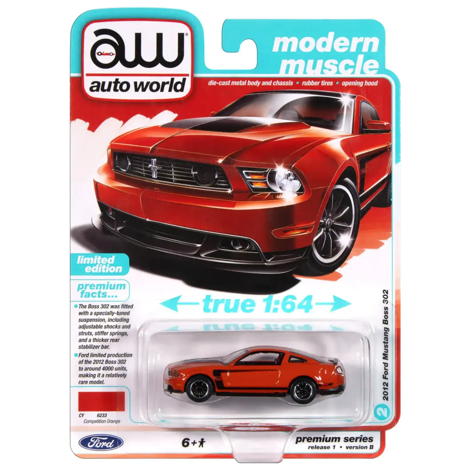 Auto World AWSP186B Auto World 2012 Ford Mustang Boss 302 (Competition Orange w/Black Accents) 1:64 Diecast