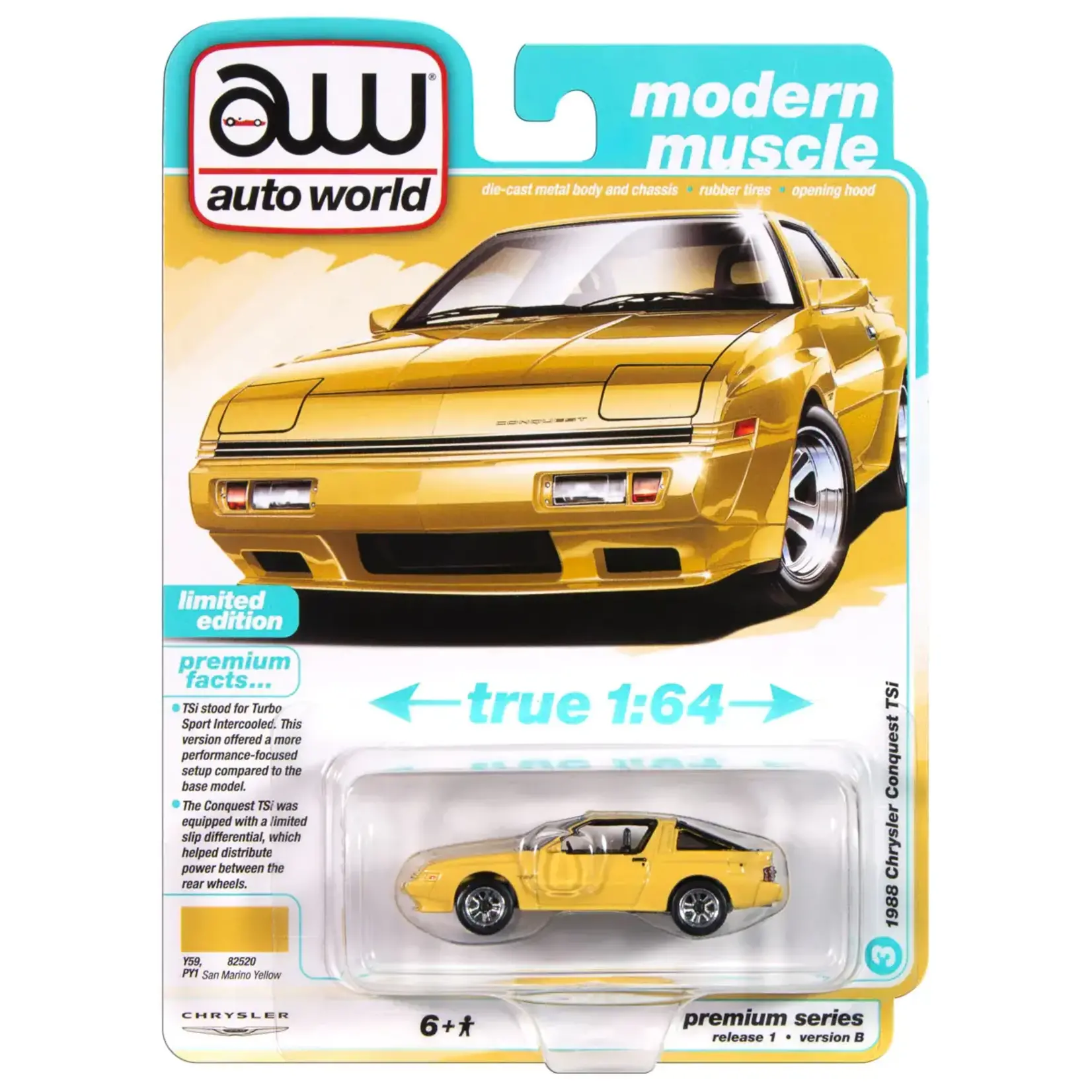 Auto World AWSP187B Auto World 1988 Chrysler Conquest TSi (San Marino Yellow) 1:64 Diecast