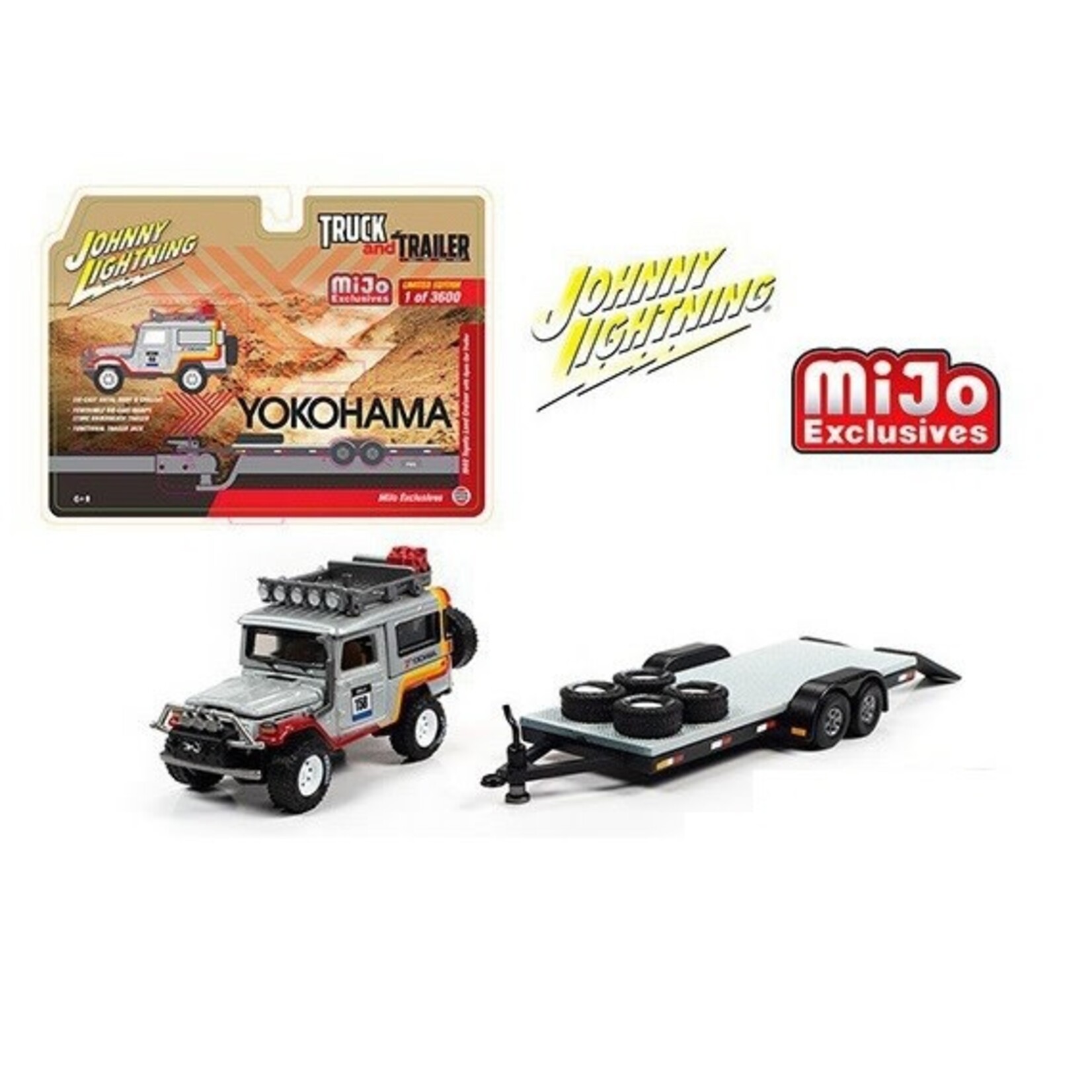 Auto World JLCP7346 Johnny Lightning Mijo Exclusive 1980 Toyota Land Cruiser w/ Open Car Trailer YOKOHAMA1:64 Scale
