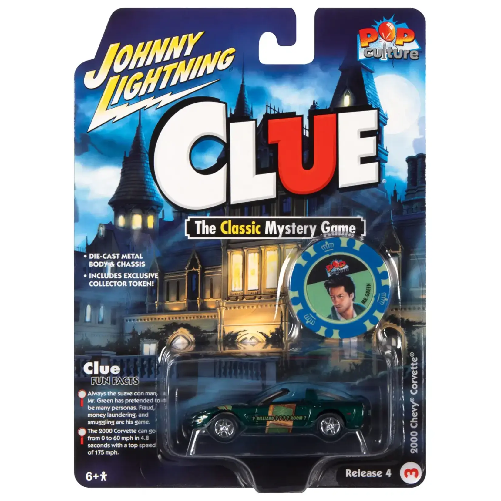 Johnny Lightning JLSP265 Johnny Lightning  2000 Corvette Z06 Modern Clue  Mr Green, Billiard Room w/Revolver & Poker Chip