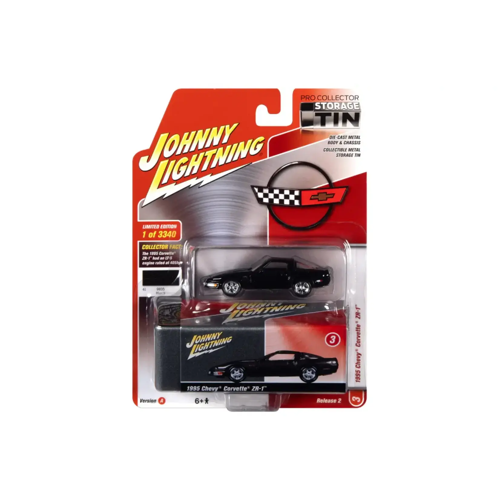 Johnny Lightning JLCT004A-3 Johnny Lightning 1995 Chevy Corvette ZR-1 Black with Collectible Metal Storage Tin