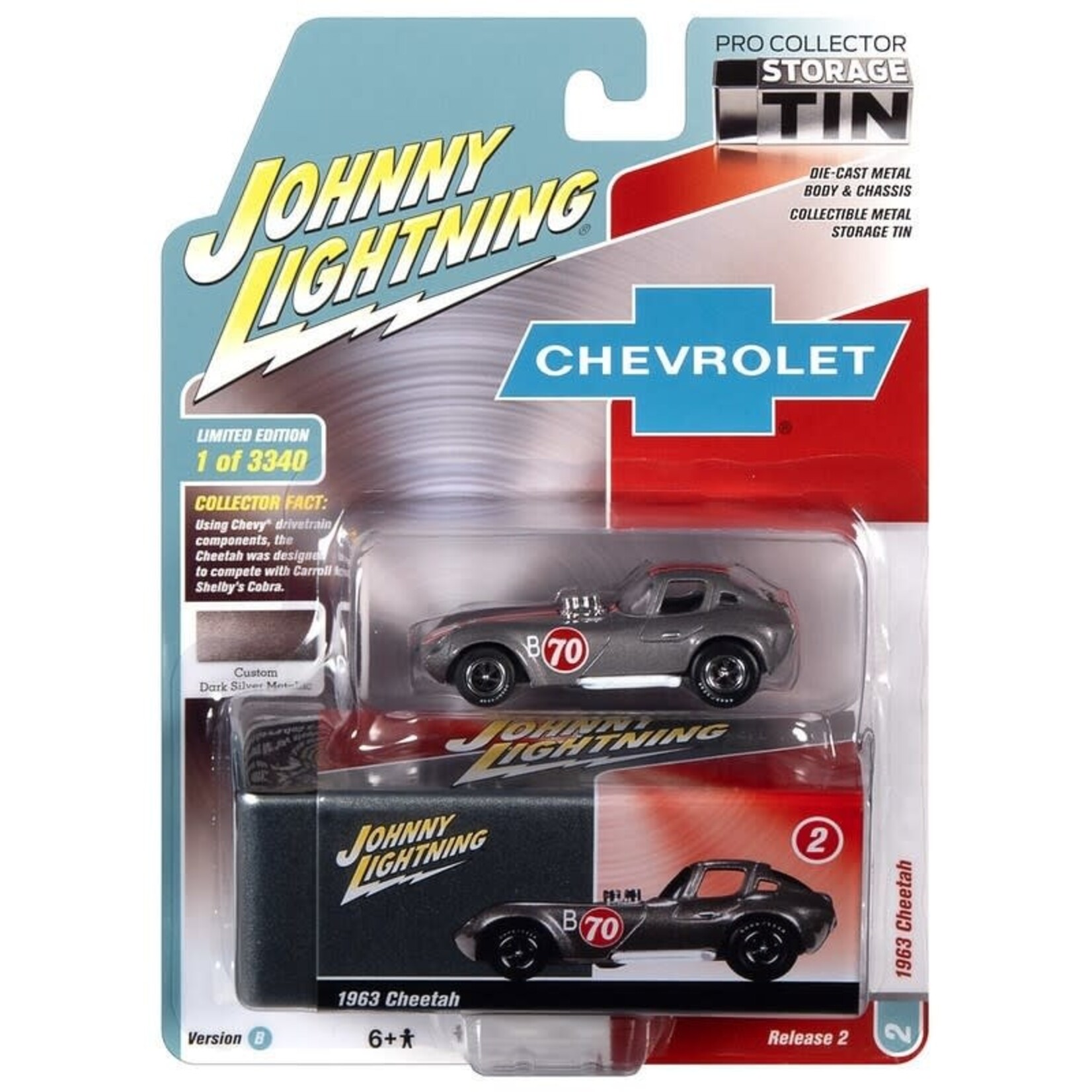 Johnny Lightning JLCT004B-2 Johnny Lightning 1963 Cheetah Dark Silver Metallic with Collectible Metal Storage Tin
