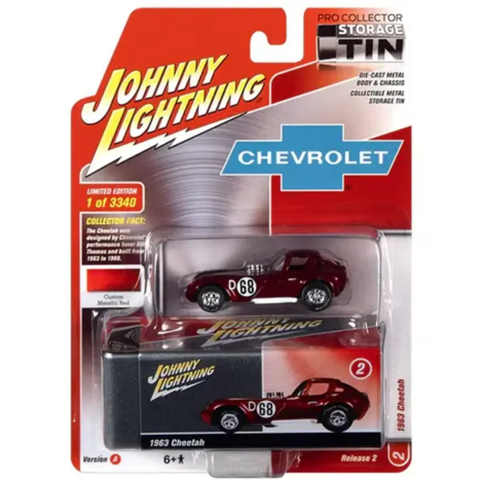 Johnny Lightning JLCT004A-2 Johnny Lightning 1963 Cheetah Metallic Red with Collectible Metal Storage Tin