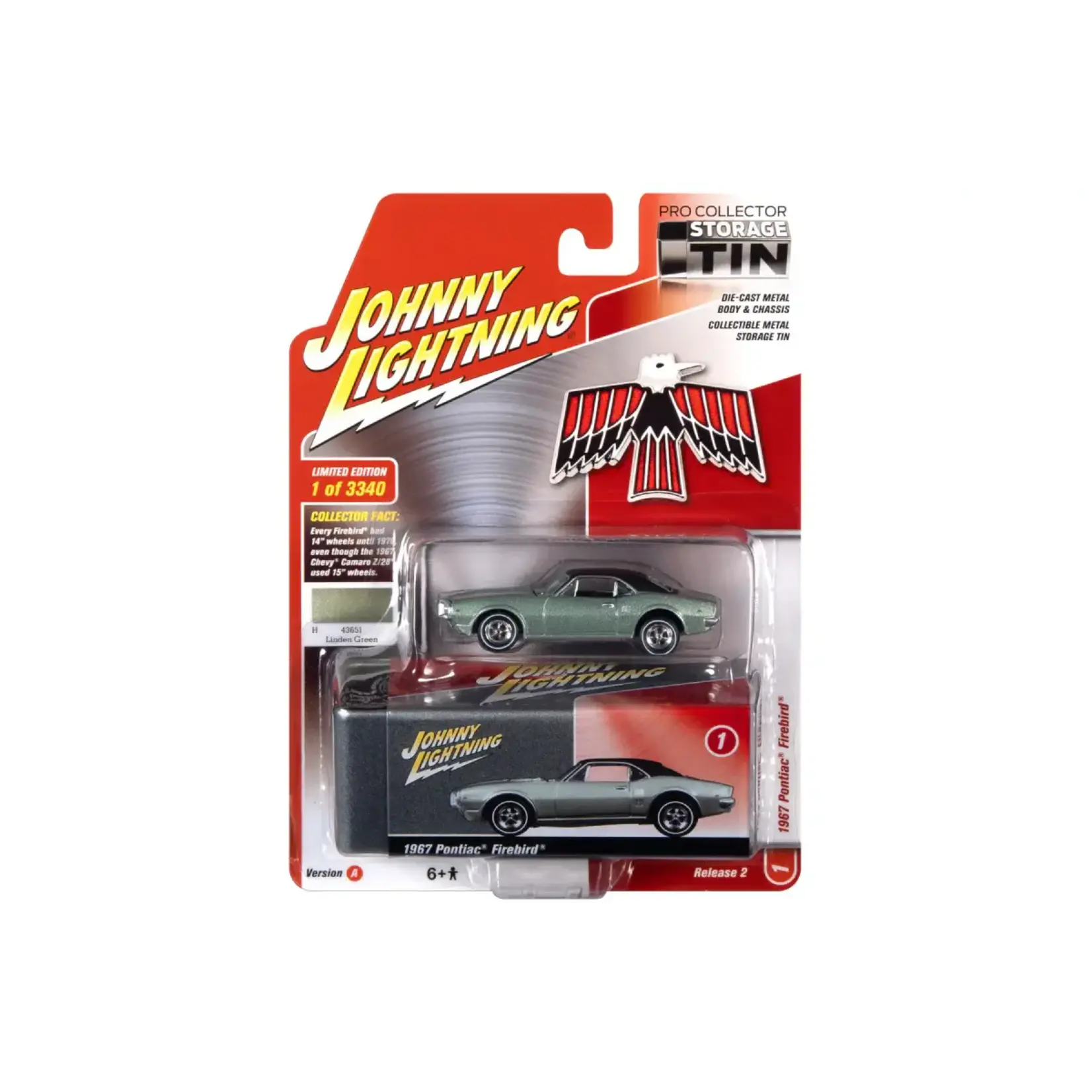 Johnny Lightning JLCT004A-1 Johnny Lightning 1967 Pontiac Firebird Linden Green with Collectible Metal Storage Tin
