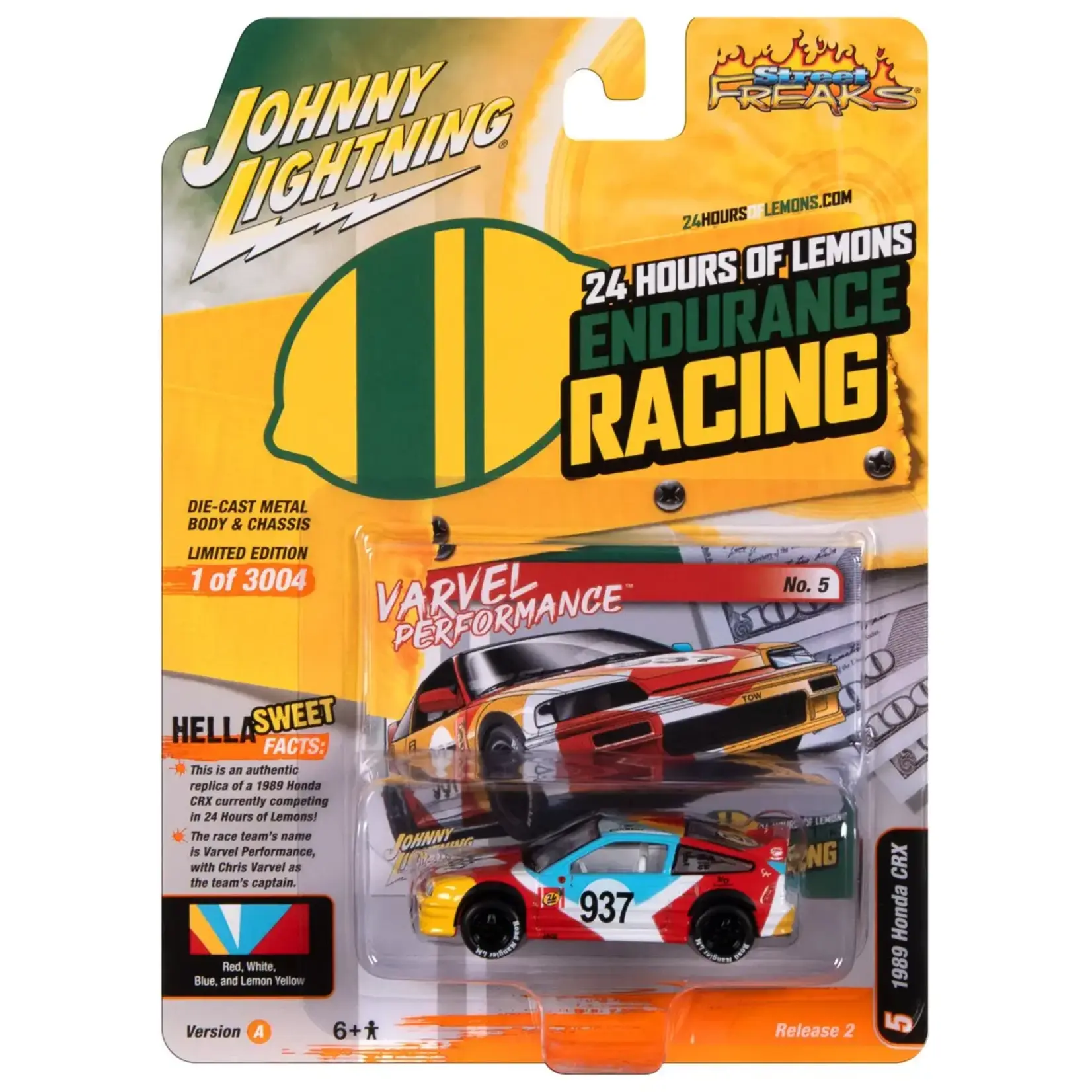Johnny Lightning JLSP363A5 Johnny Lightning 1989 Honda CRX (24 Hrs of Lemons) Red, White, Blue & Lemon