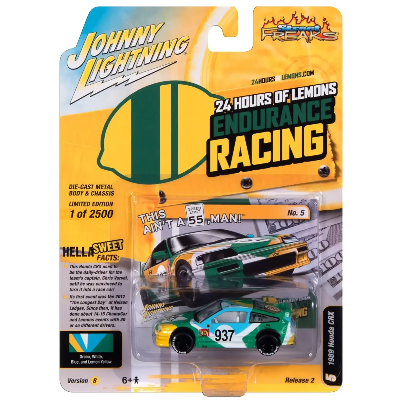Johnny Lightning JLSP363B5 Johnny Lightning 1989 Honda CRX (24 Hrs of Lemons) Green, White, Blue & Lemon