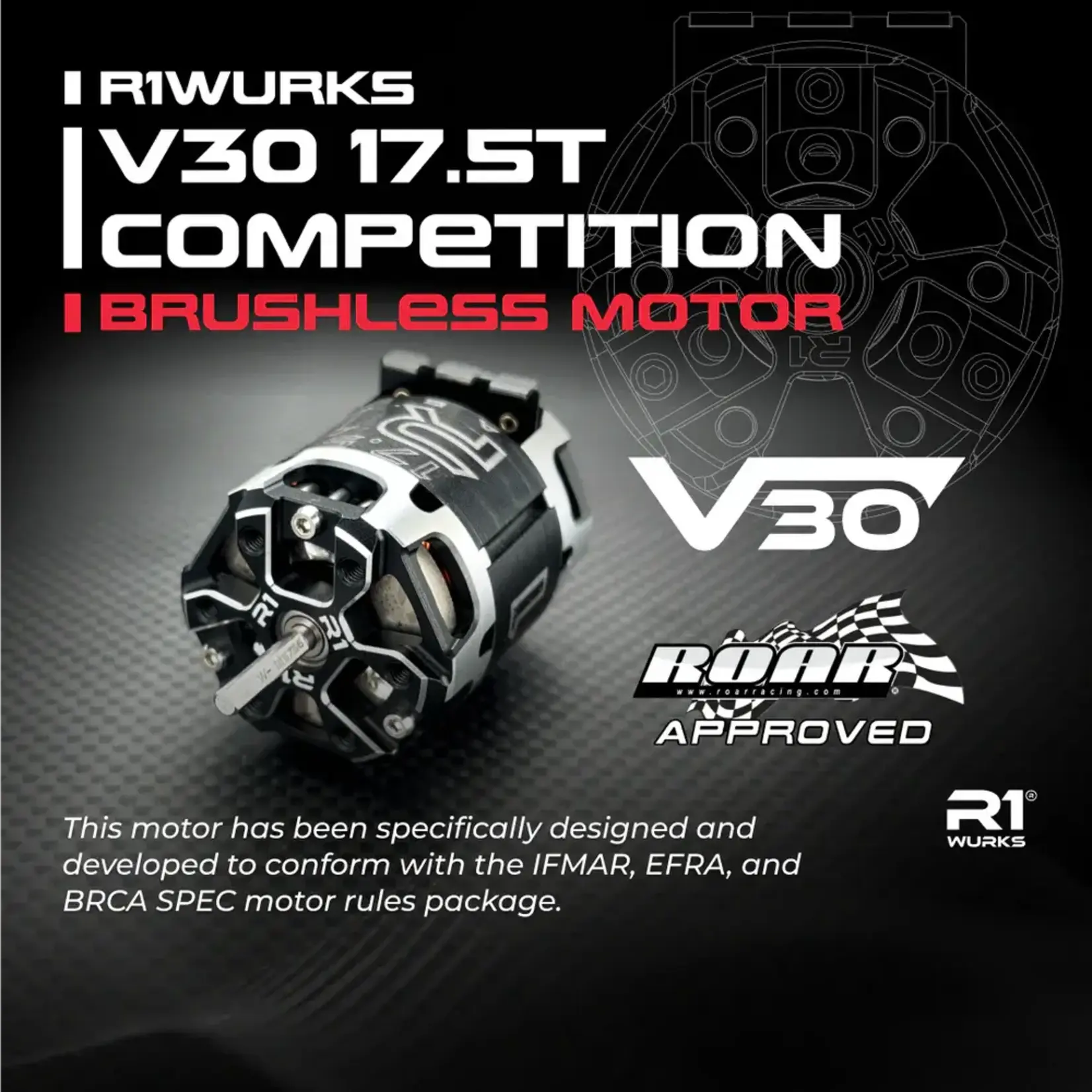 R1 R1-020182 R1WURKS V30 17.5T Competition Brushless Motor(2025 ROAR Approved)