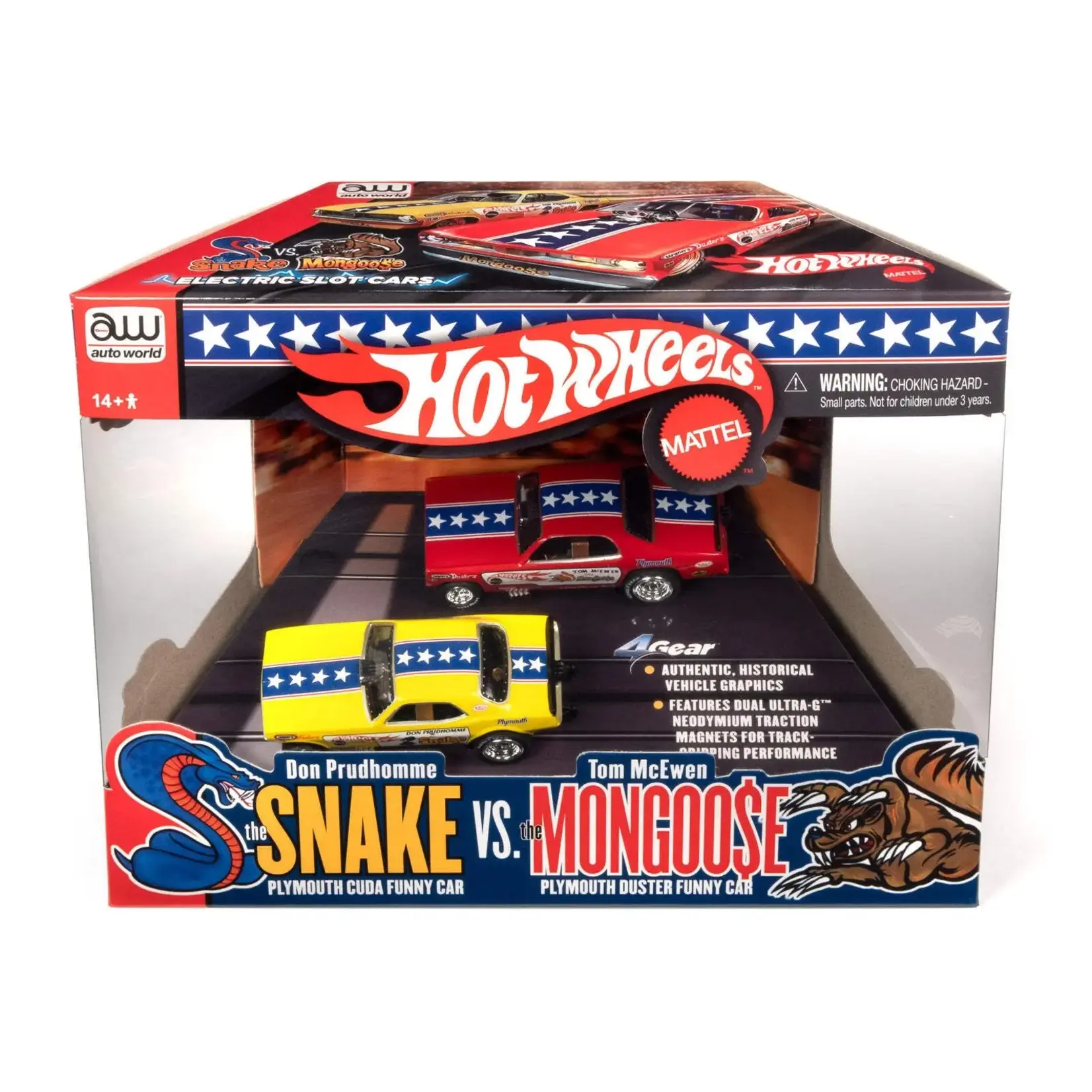 Auto World SC2PK001 Auto World Hot Wheels Snake VS Mongoose 2 Pack Slot Cars 4 Gear