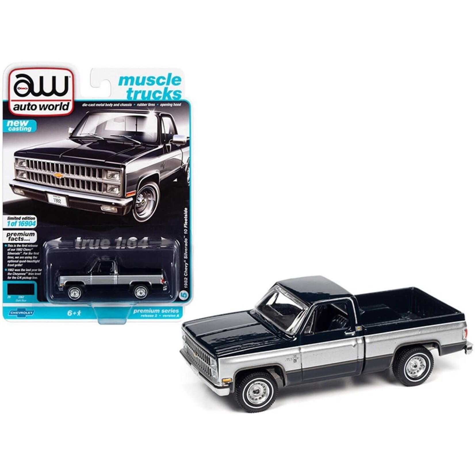Auto World AWSP069A Auto World 1982 Chevrolet Silverado Pickup Truck Dark Blue Silver 1/64