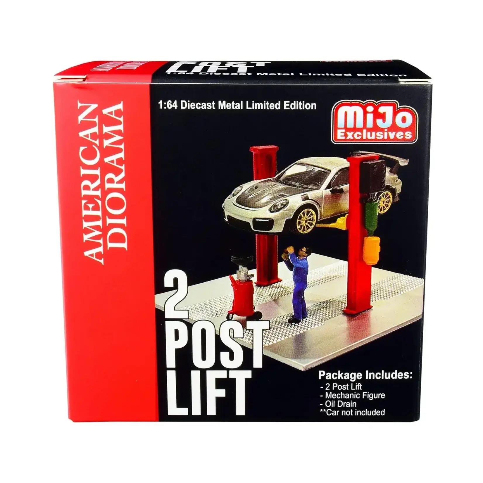 American Diorama AD-38375MJ American Diorama MiJo Exclusives 1:64 scale Figures 2 Post Lift & Oil Drain Red
