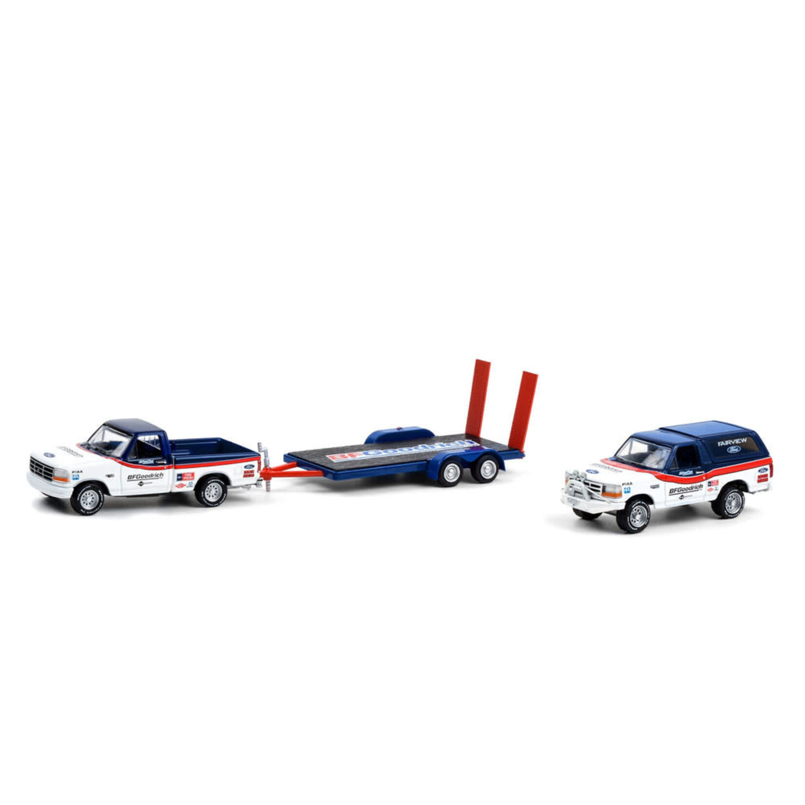 Greenlight GLT31110A Greenlight 1992 Ford F-150 Pickup Truck and Ford Bronco with Flatbed Trailer BFGoodrich