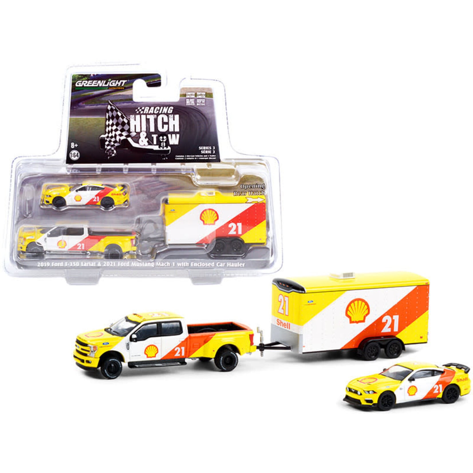 Greenlight GLT31110B Greenlight 2019 Ford F-350 Lariat Pickup Truck and 2021 Ford Mustang Mach 1 with Enclosed Car Hauler Shell Oil