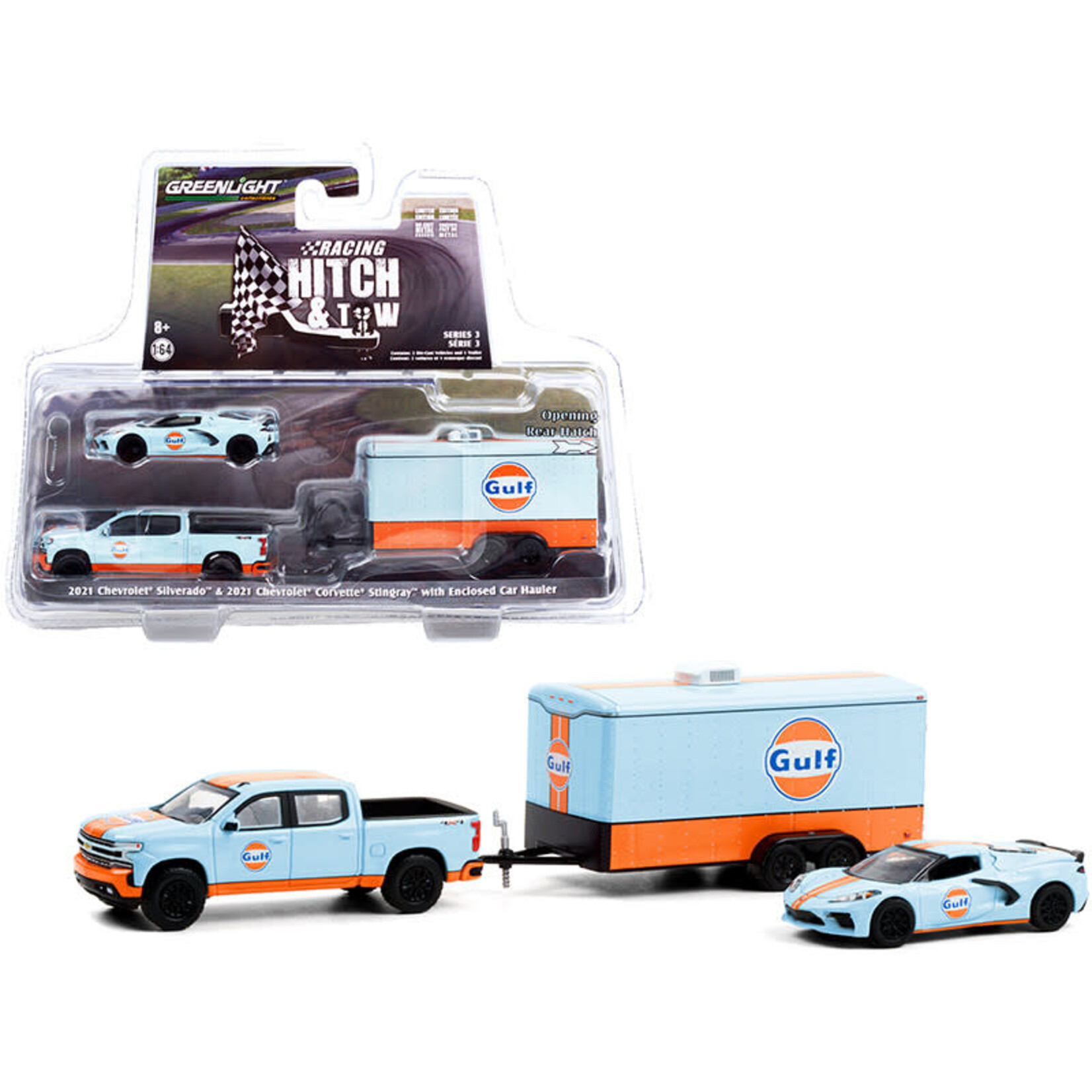 Greenlight GLT31110C Greenlight 2021 Chevy Silverado 4x4 Pickup Truck and 2021 Chevy Corvette C8 Stingray with Enclosed Car Hauler