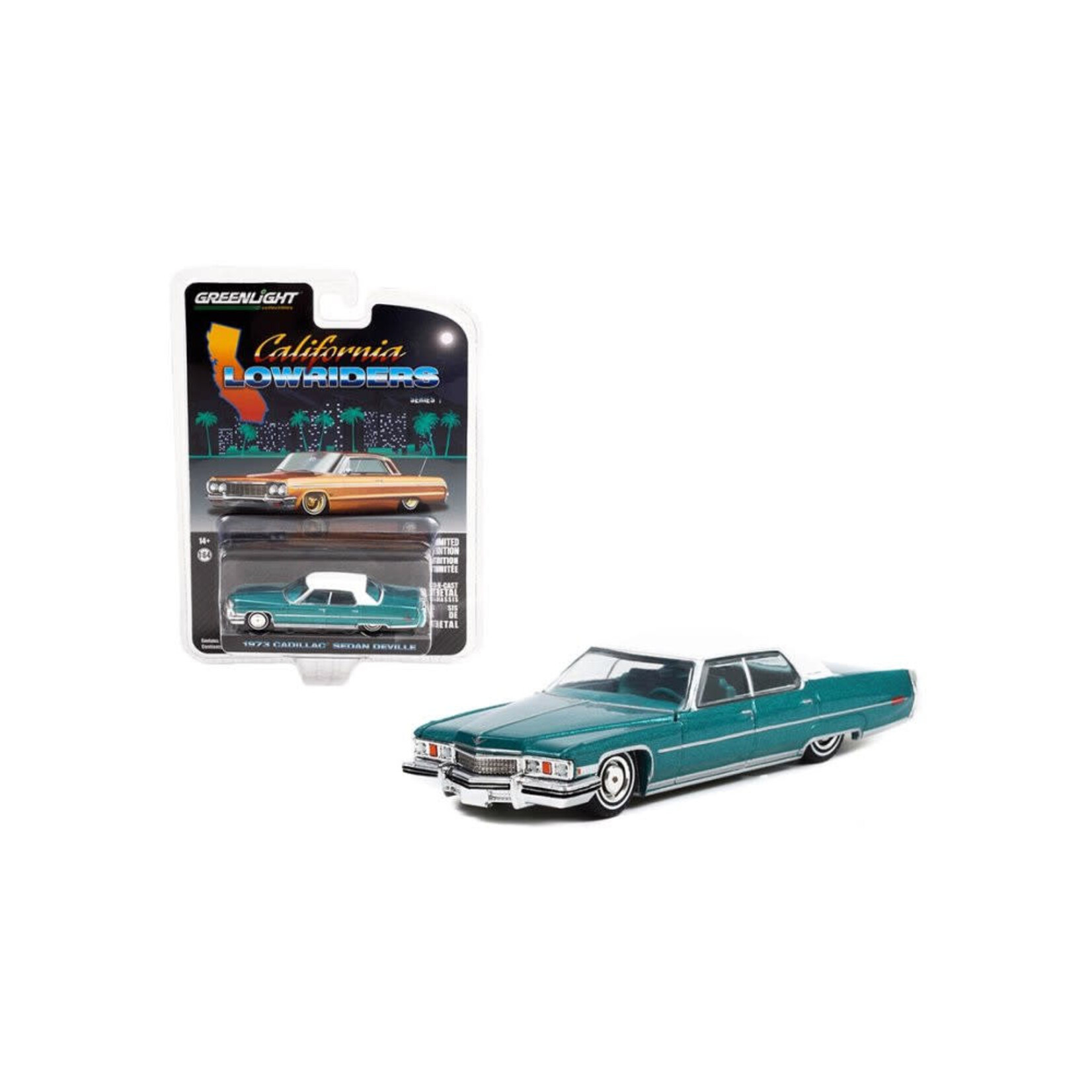 Greenlight GLT63010-F Greenlight 1973 Cadillac Sedan deVille Teal with White Roof California Lowriders Series 1