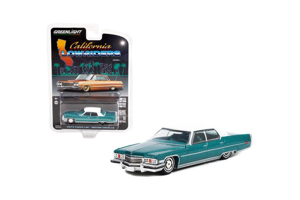 GLT63010-F Greenlight 1973 Cadillac Sedan deVille Teal with White Roof Californi