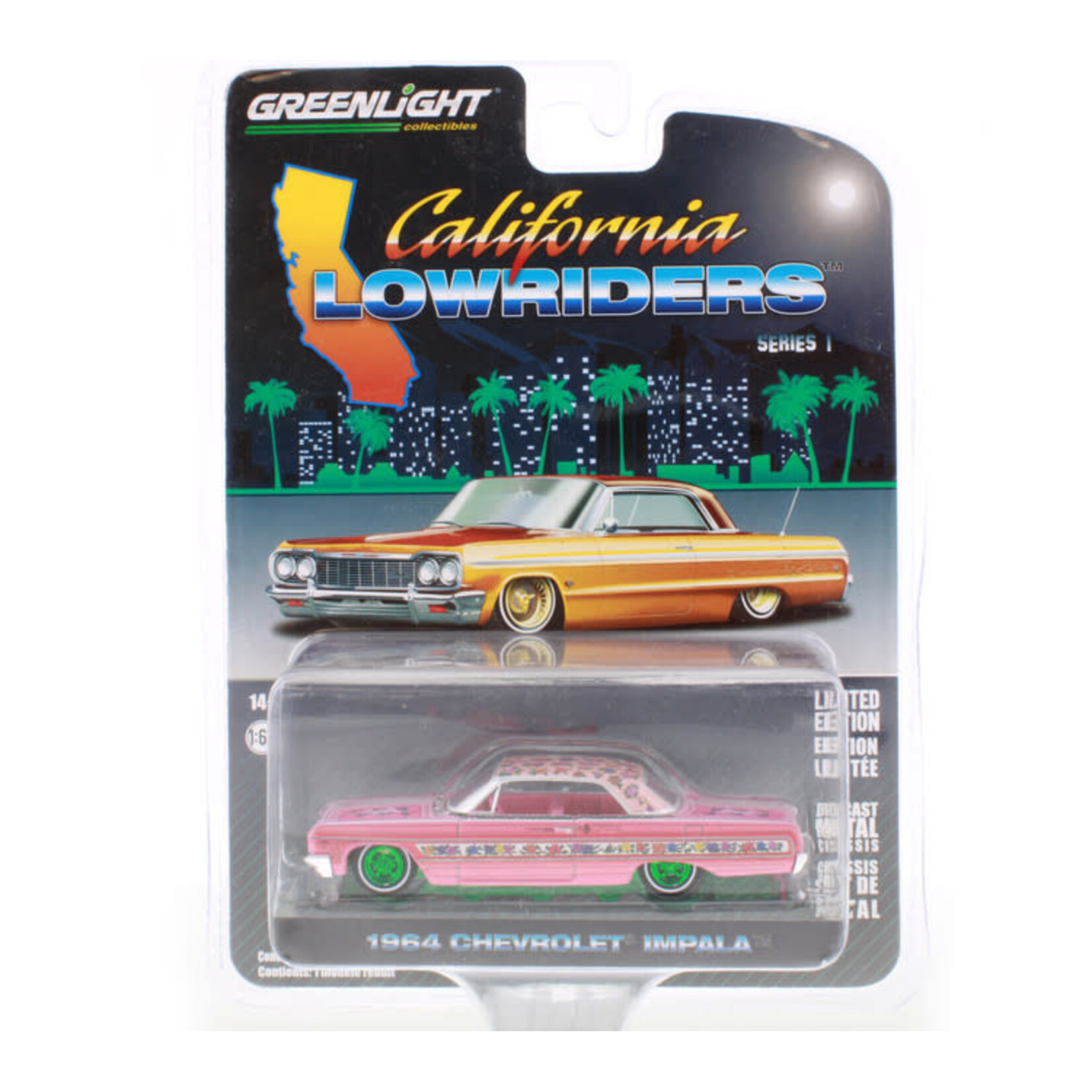 Greenlight GLT63010-A CHASE Greenlight 1964 Chevrolet Impala Lowrider Pink with Roses California Lowriders Series 1