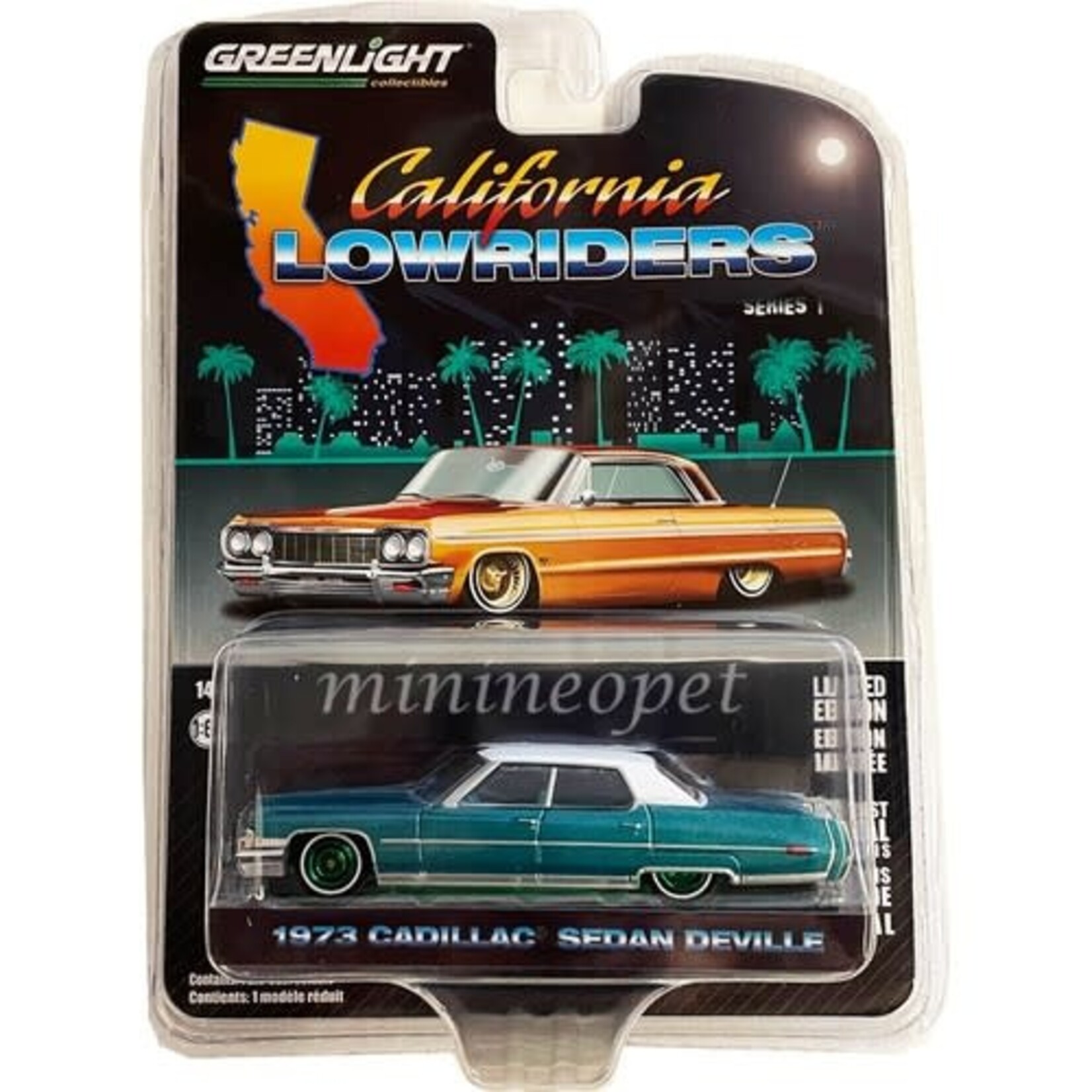Greenlight GLT63010-F CHASE Greenlight 1973 Cadillac Sedan deVille Teal with White Roof California Lowriders Series 1