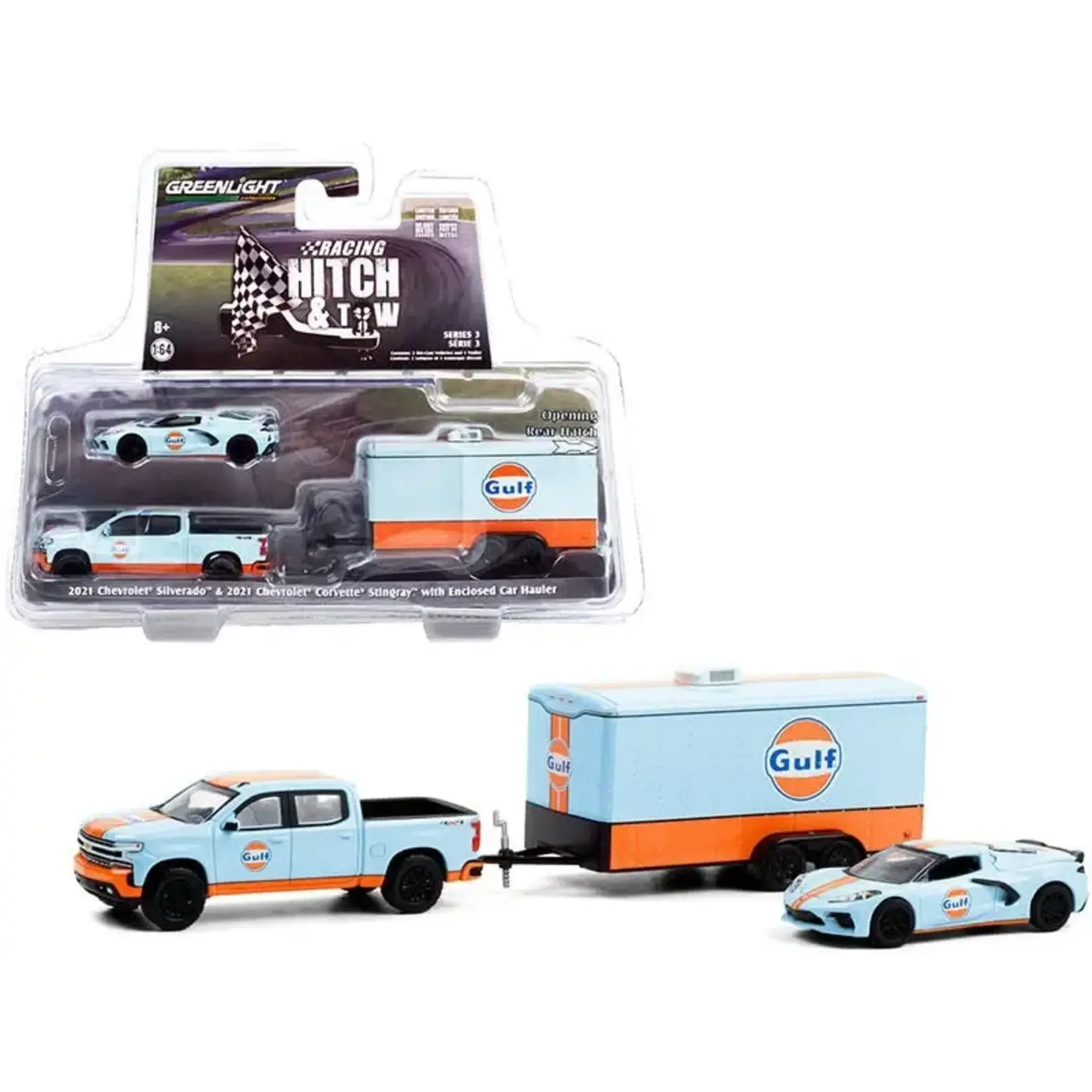 Greenlight GLT31110C Greenlight 2021 Chevy Silverado 4x4 Pickup Truck and 2021 Chevy Corvette C8 Stingray CHASE