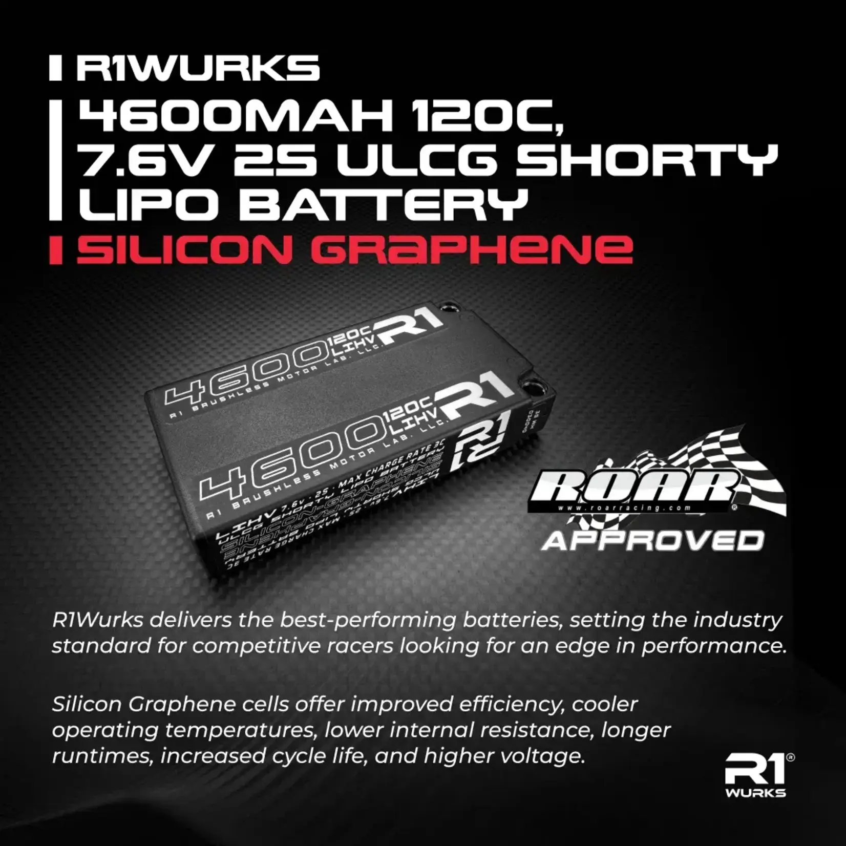 R1 R1- 030040 R1 Wurks 4600mah 120C 7.6V 2S ULCG Shorty LiPo Battery, Silicon Graphene