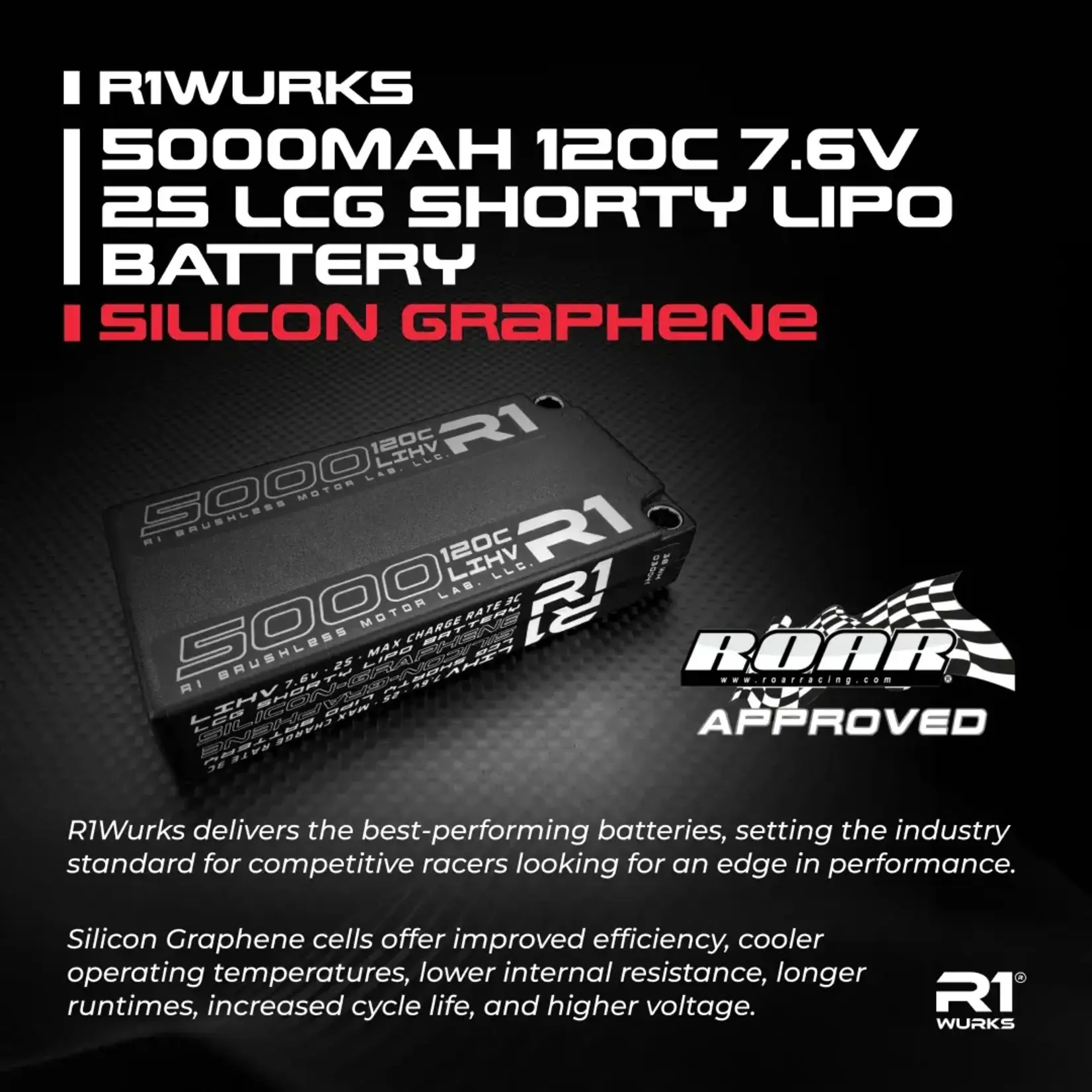 R1 R1- 030041 R1 Wurks 5000mah 120c 7.6v 2S LCG Shorty LiPo Battery, Silicon Graphene