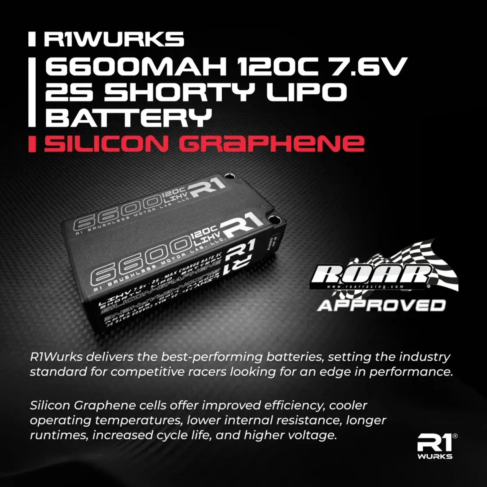 R1 R1- 030042 R1 Wurks 6600mah 120C 7.6V 2S Shorty LiPo Battery, Silicon Graphene