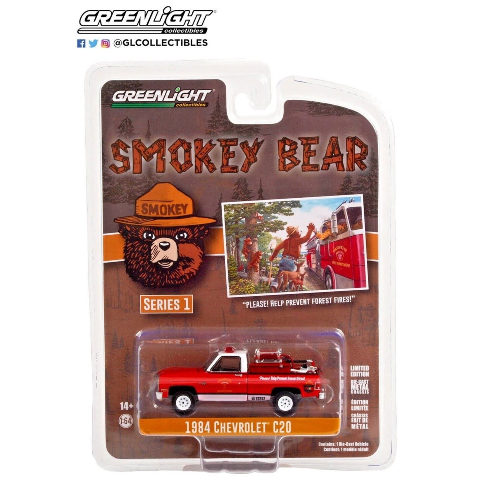Greenlight GLT38020-E Greenlight 1984 Chevrolet C20 Custom Deluxe Pickup Truck With Fire Equipment Hose And Tank Please Help Prevent Forest Fires Smokey Bear Series 1