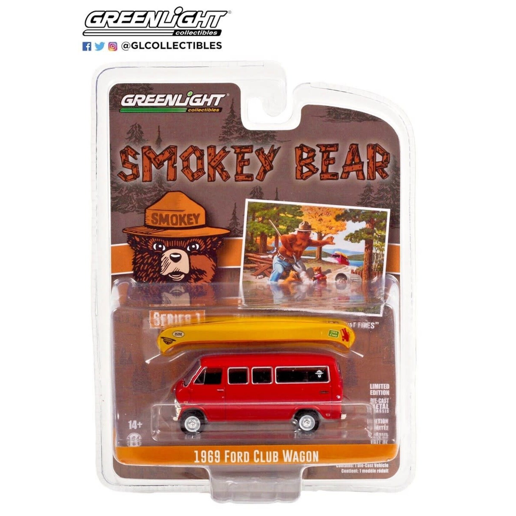 Greenlight GLT38020-D Greenlight 1969 Ford Club Wagon Van With Canoe On Roof Care Will Prevent 9 Out Of 10 Forest Fires Smokey Bear Series 1