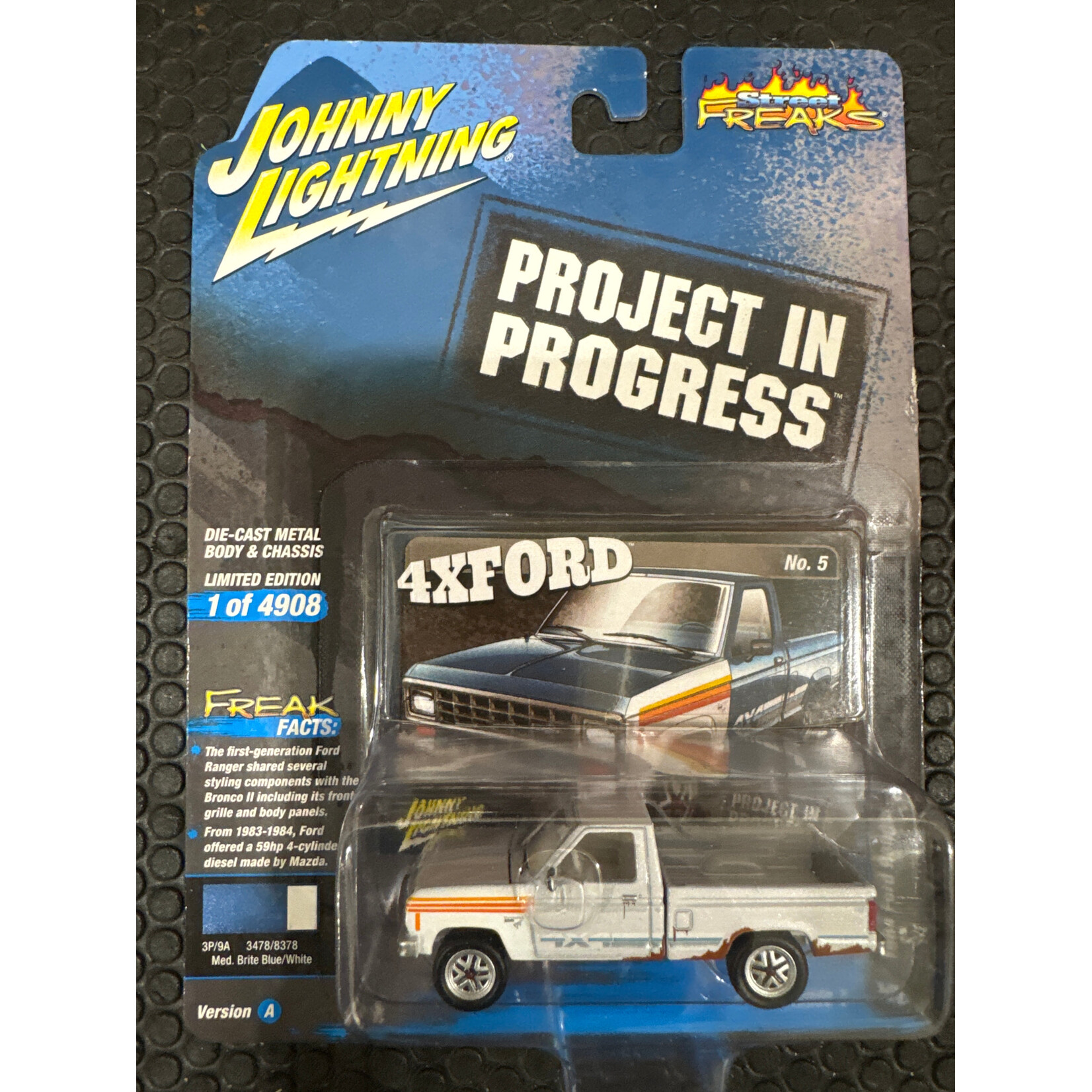 Johnny Lightning JLSP297ACHASE Johnny White Lightning 1984 Ford Ranger (Project in Progress) Medium Brite Blue w/White Mismatched Panels