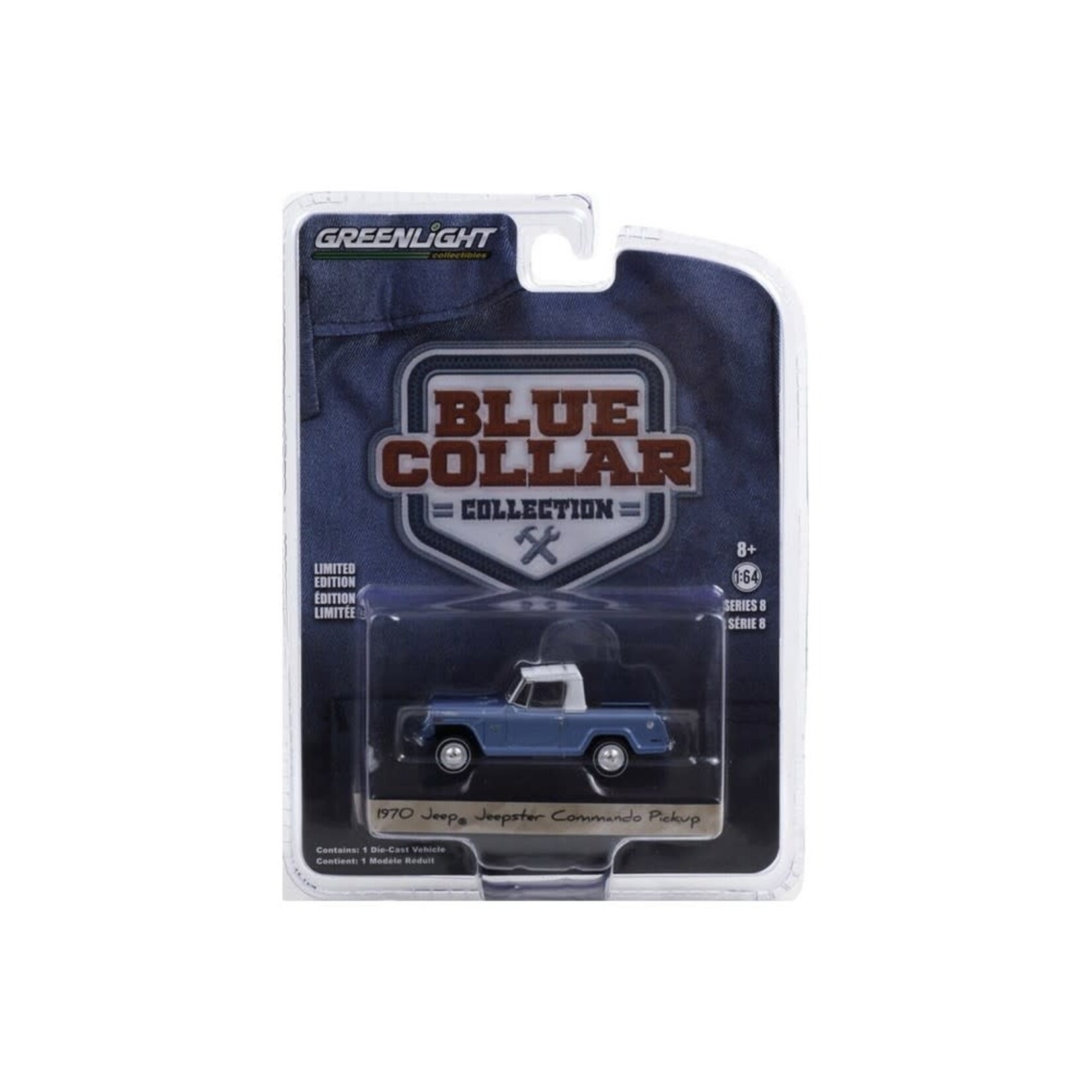 Greenlight GLT35180-B Greenlight 1970 Jeepster Commando Pickup Light Blue Metallic With White Roof Blue Collar Collection Series 8