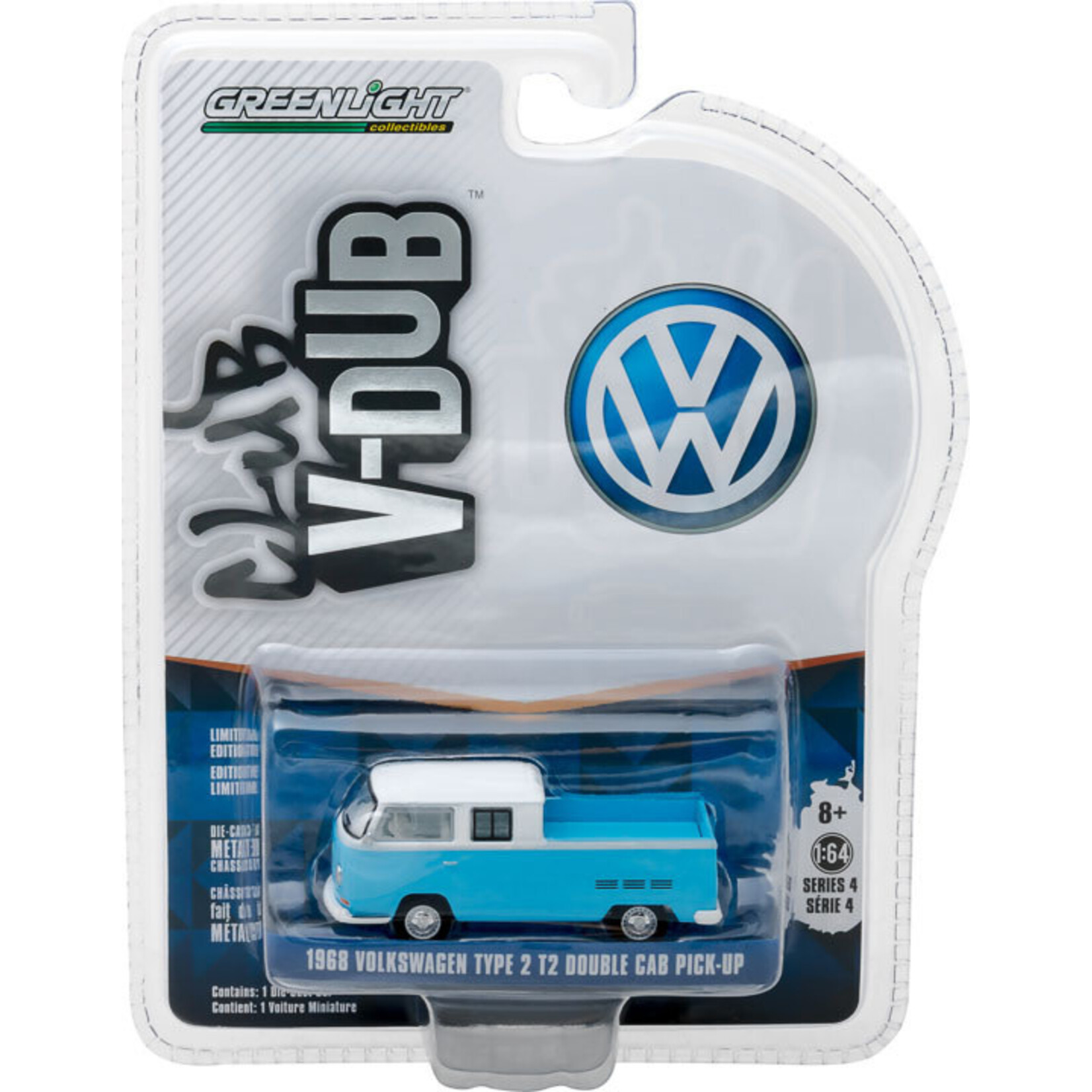 Greenlight GLT29860-C Greenlight 1968 Volkswagen Type 2 T2 Double Cab Pickup Blue Club Vee-Dub Series 4