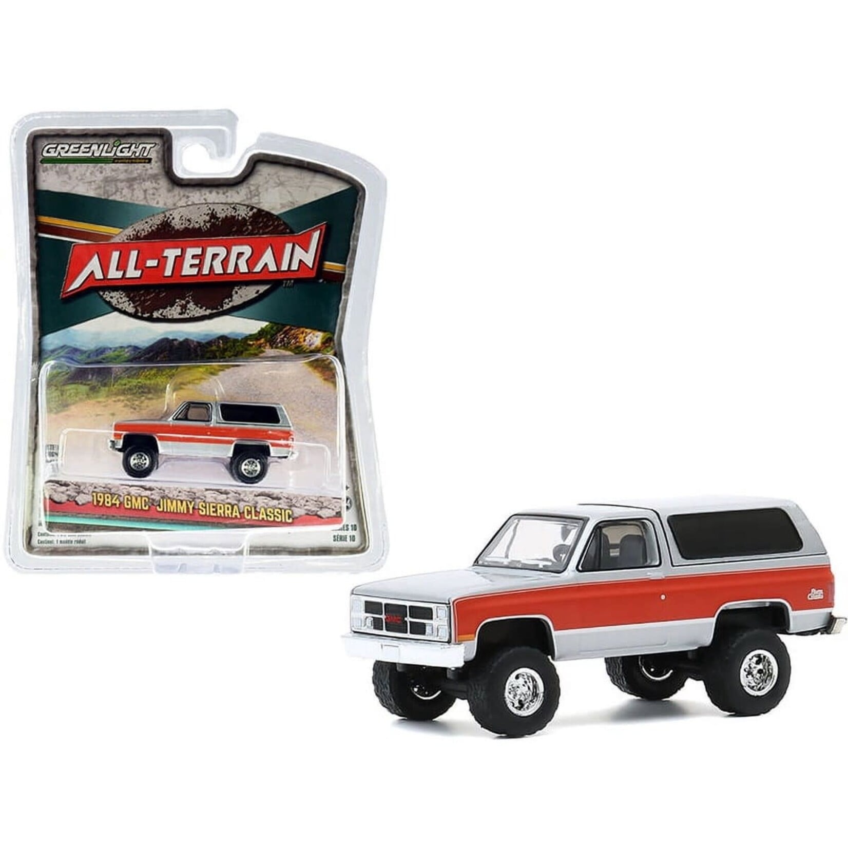 Greenlight GLT35170-D Greenlight 1984 GMC Jimmy Sierra Classic Lifted Silver With Red Stripes All-Terrain Series 10