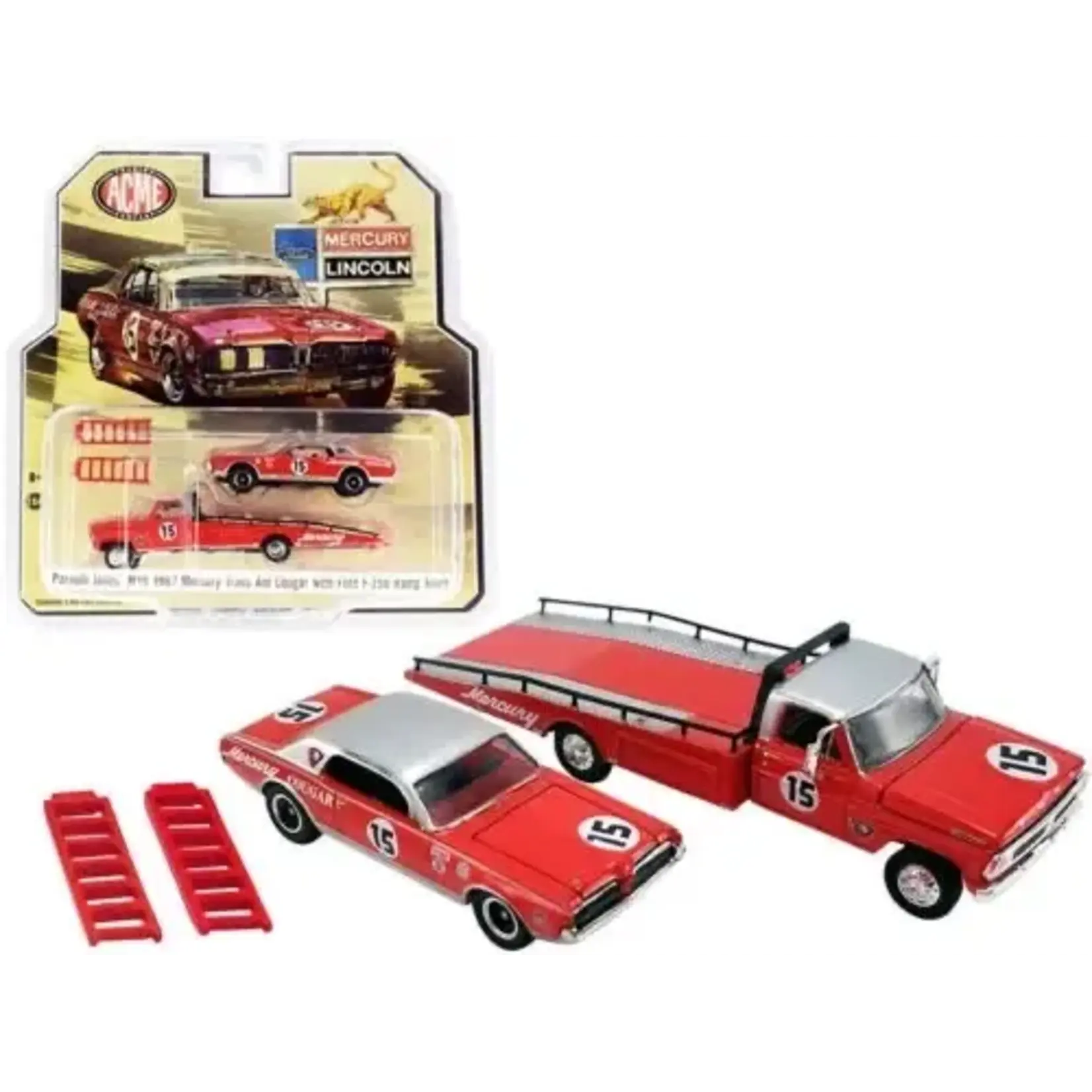 Greenlight GLT51343 Greenlight 1967 Mercury Cougar With Parnelli Jones Ford F-350 Ramp Truck #15 Red And Silver ACME Exclusive
