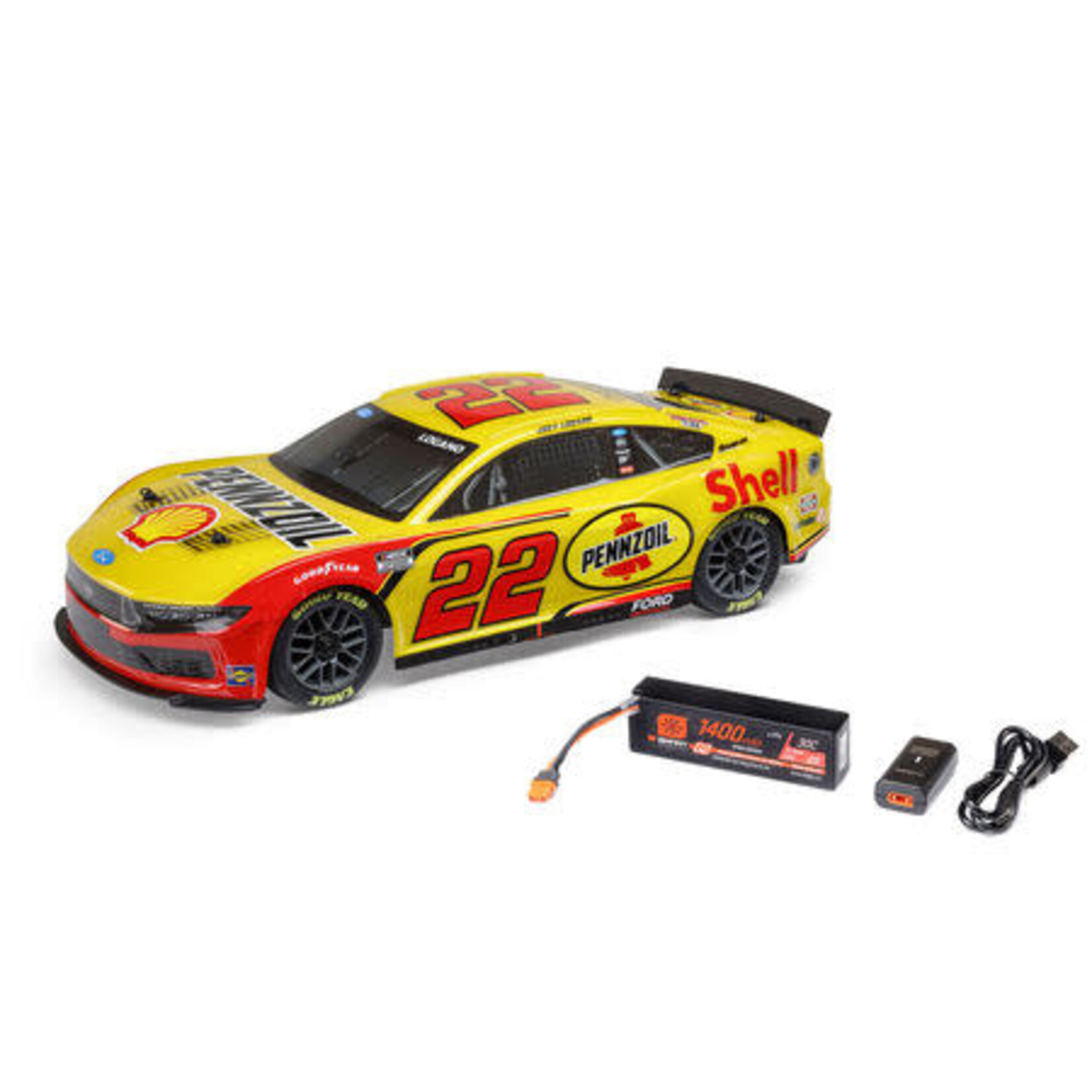 Losi LOS1122522 Losi 1/12 NASCAR RC Racecar Joey Logano No. 22 2025 Shell-Pennzoil Ford Mustang 2S AWD RTR Brushed On-Road (Battery & Charger Included), Yellow