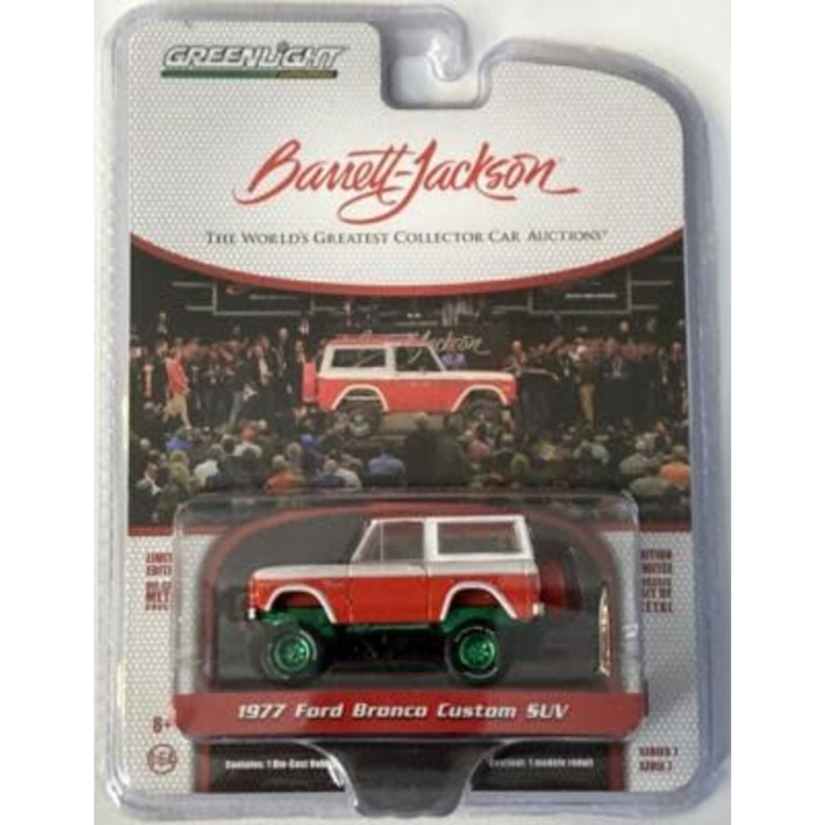 Greenlight GLT37230-D-CHASE Greenlight 1977 Ford Bronco Custom Red And White Lot #847 Barrett-Jackson Series 7