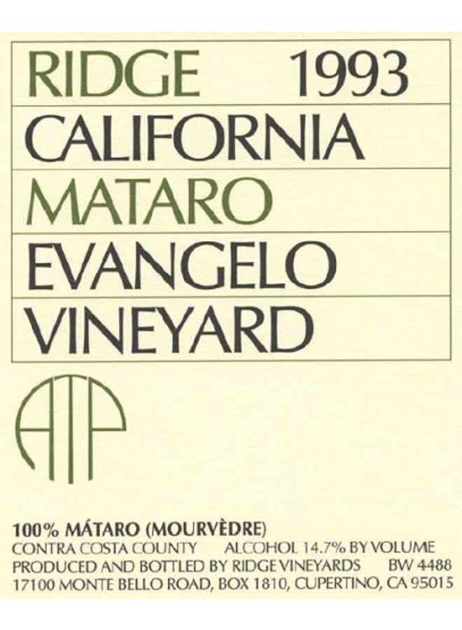 1993 Ridge Vineyards, Mataro, Evengelo Vineyard, Contra Costa