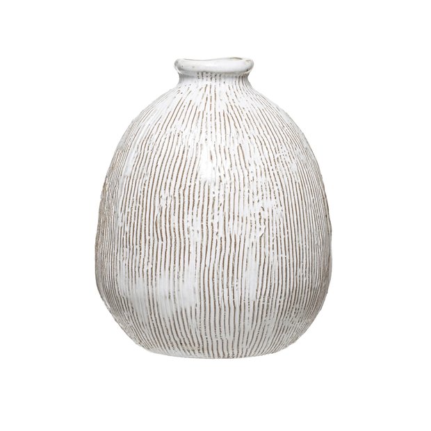Engraved Terracotta Vase, White