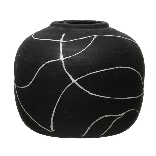 Modern Scribble Black + White Terracotta Vase, 8"
