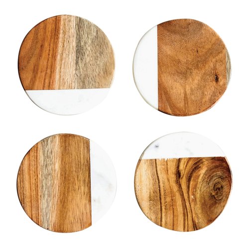 Round Mango Wood Coasters w/Marble, Set of 4