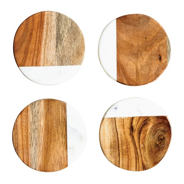 Round Mango Wood Coasters w/Marble, Set of 4