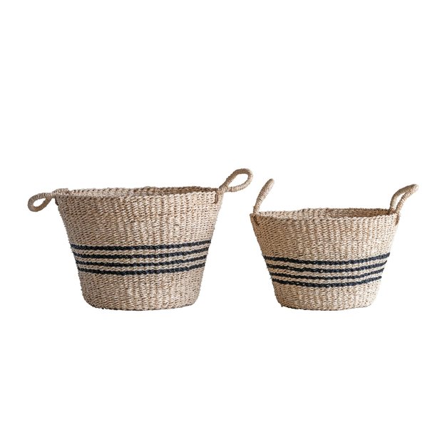 Hand-Woven Striped Basket w/Handles