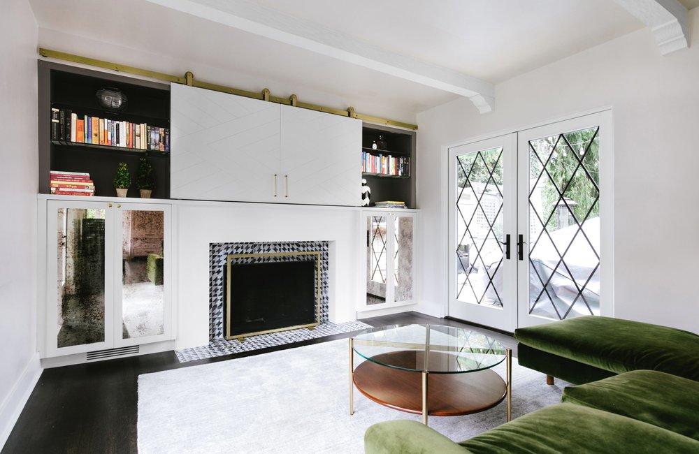 Dramatic Vintage Living Room with Custom Built-Ins