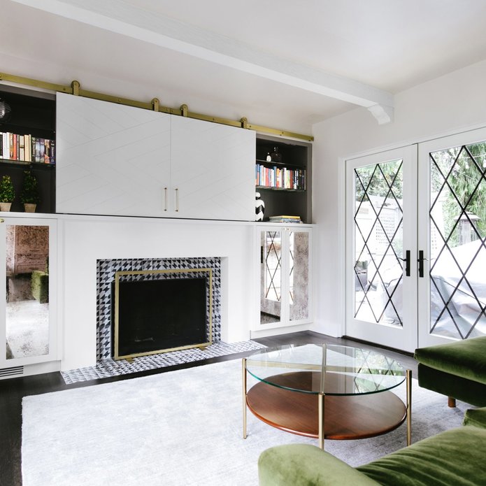 Dramatic Vintage Living Room with Custom Built-Ins