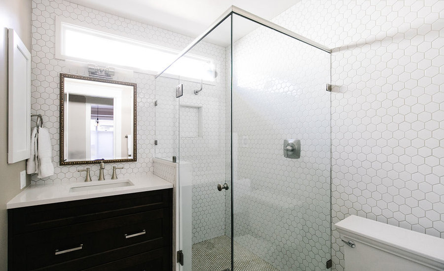 Mixed Metal Marble Hexagon Primary Bathroom