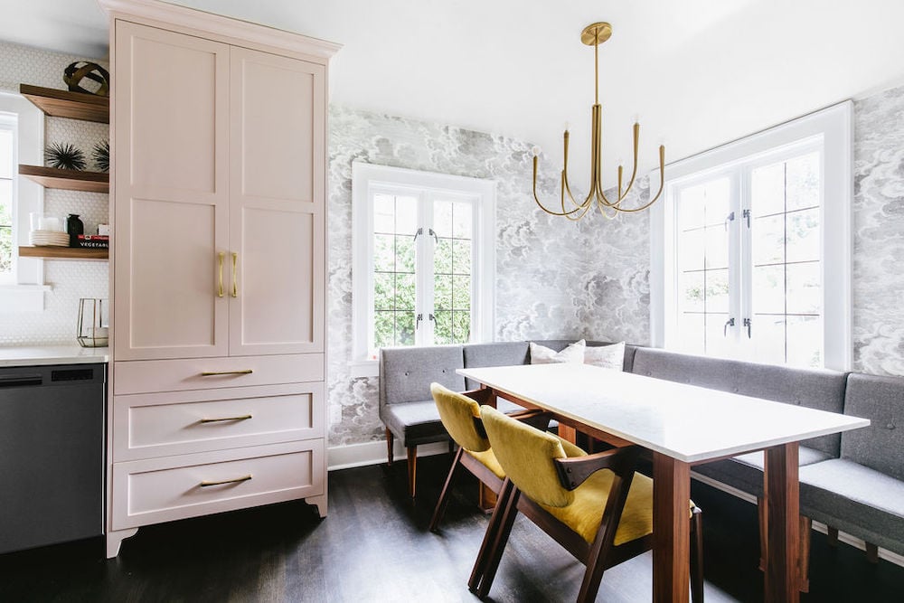 Benjamin Moore Fairest Pink cabinet in a Vintage Glam Kitchen by The Phinery. 