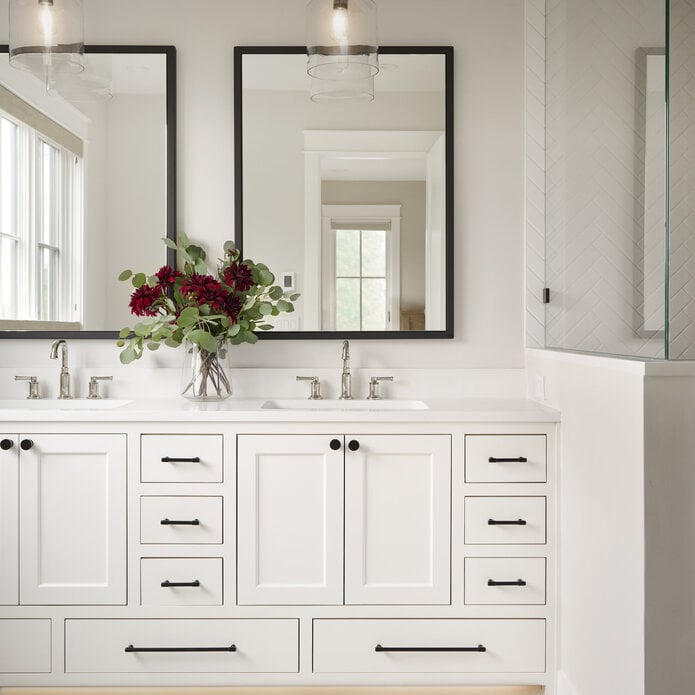 Black + White Modern Farmhouse Primary Bathroom