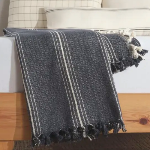 Navy Blue with Cream Stripes Throw Blanket, 62"x86"