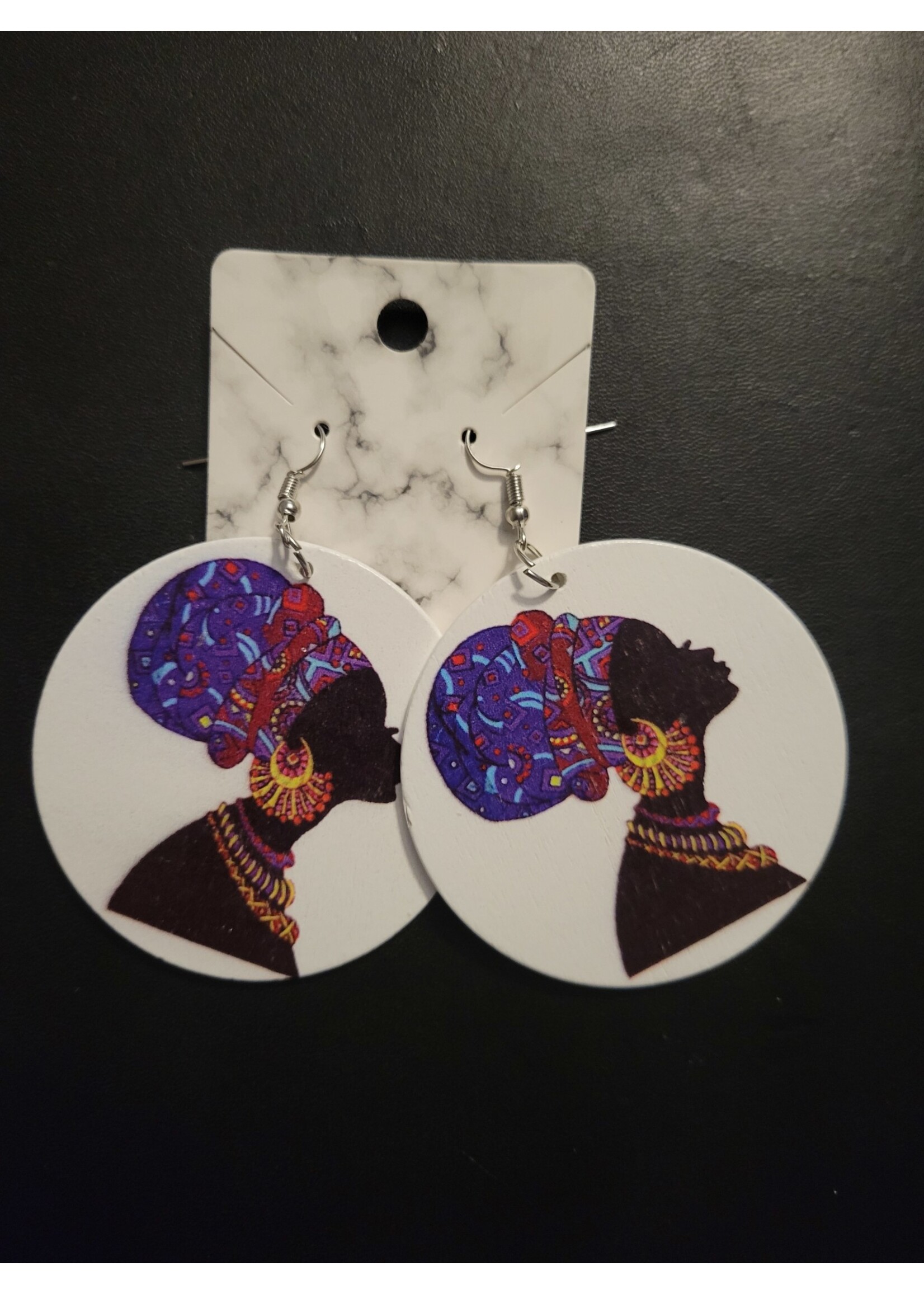 Round African Art  Earrings (Purple Headwrap)