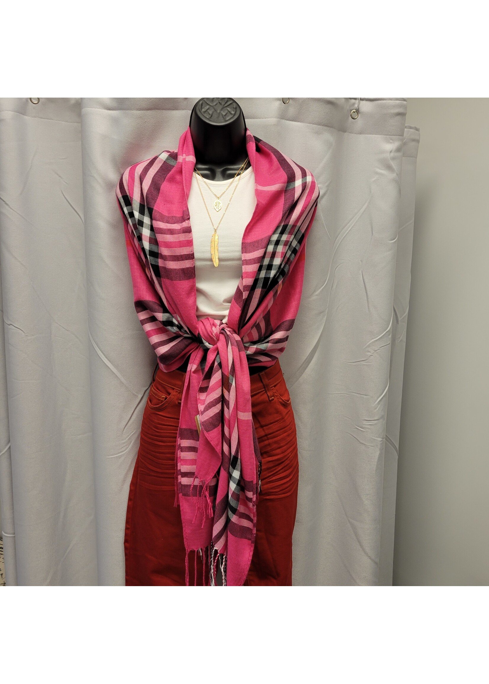 Pink Plaid Pashmina Scarf With Fringe (OS)Pre-owned