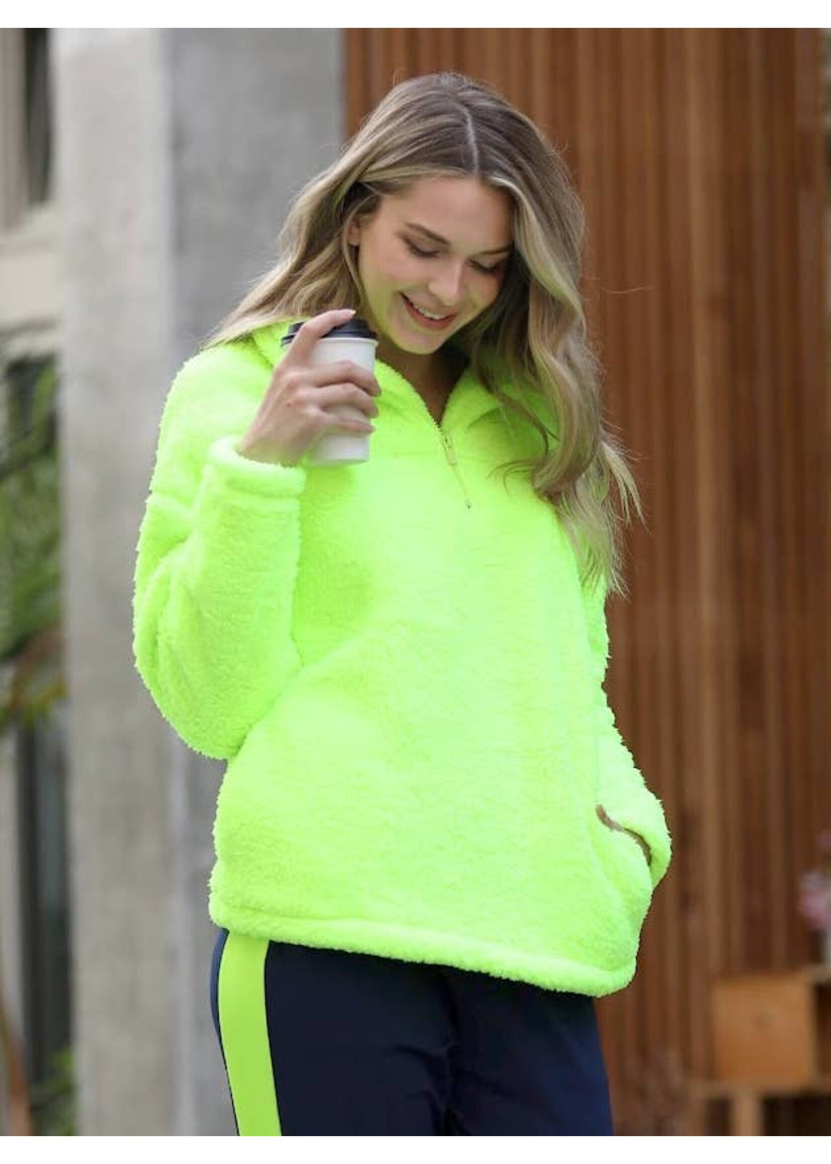 Zenana Neon Soft Sherpa Half Zip Pullover NEW!