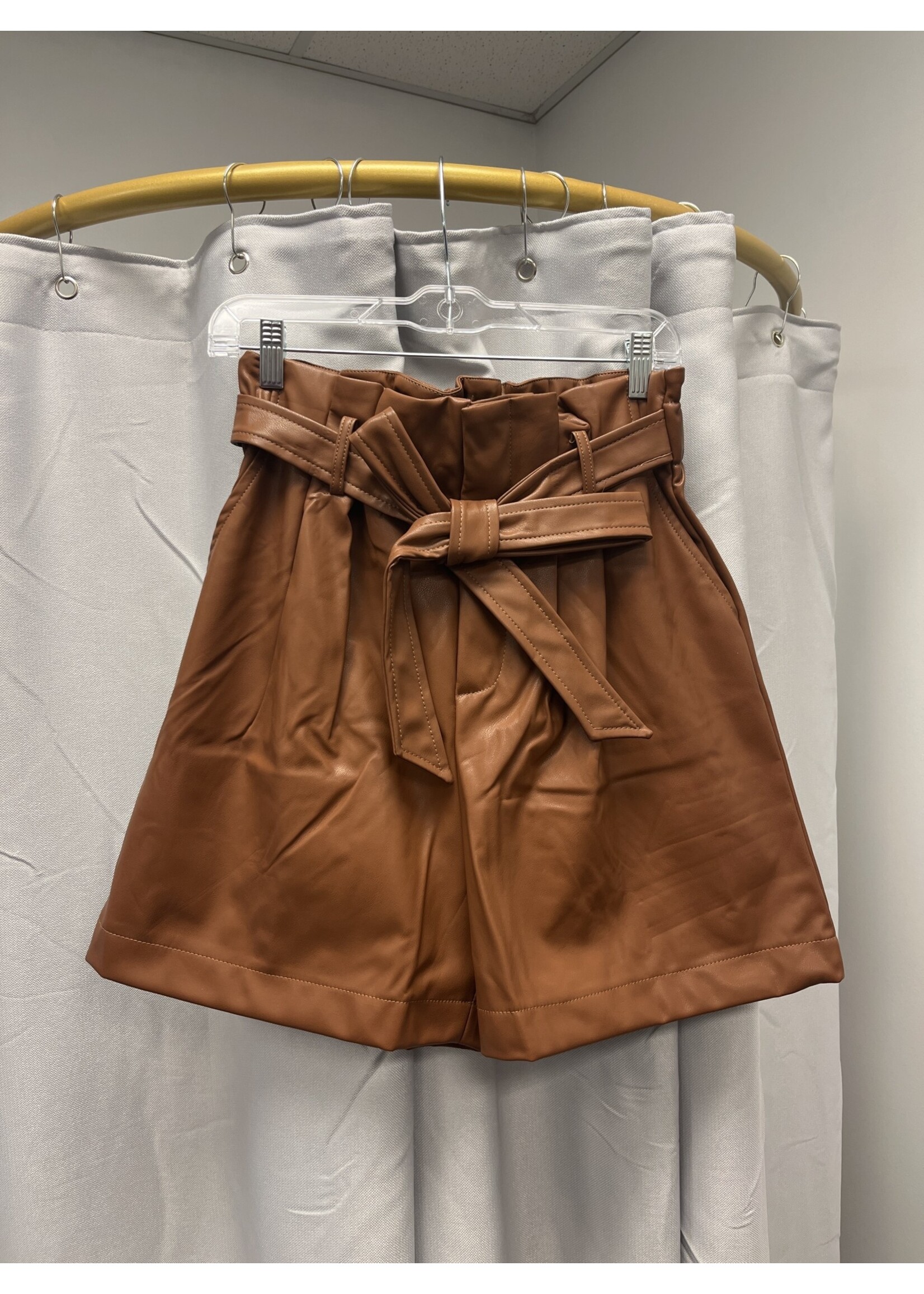 Zenana Vegan Leather Tie Waist Paperbag Shorts (Dk Camel)